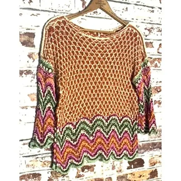 Free People Heatwave Oversized Pullover Cotton Knit Crochet Colorful Sweater - Picture 7 of 13